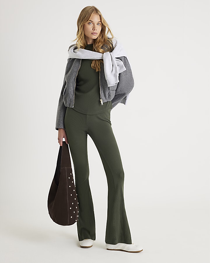 Green Long Sleeve Crew Neck Ribbed Top