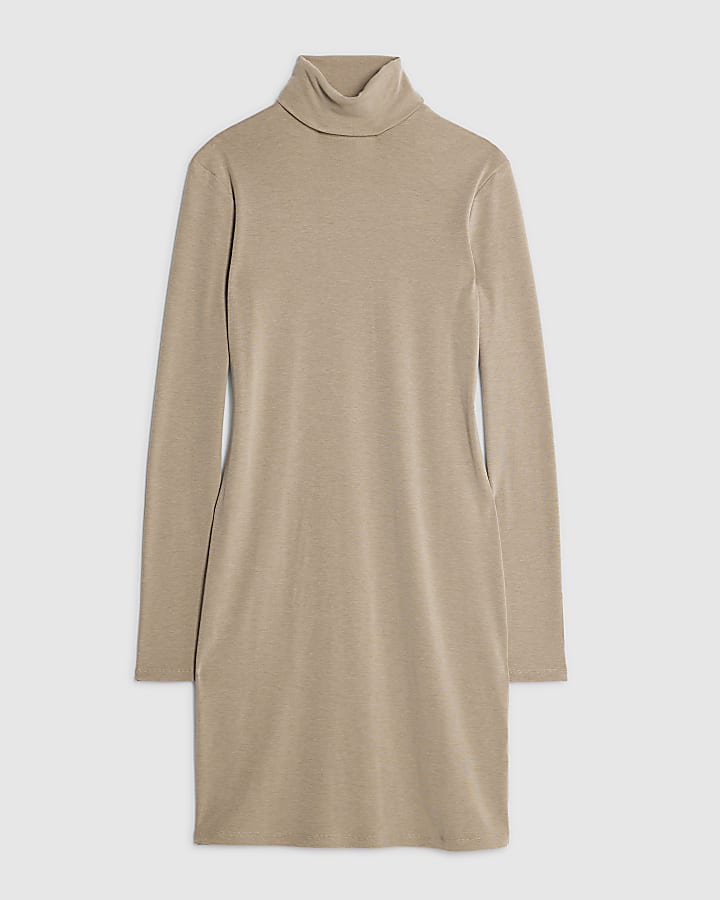 Beige Long Sleeve Roll Neck Mini Dress