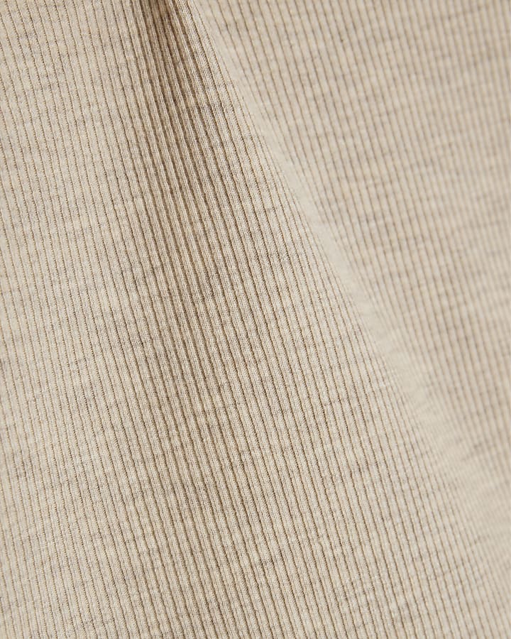 Beige Long Sleeve Ribbed Crew Neck Top