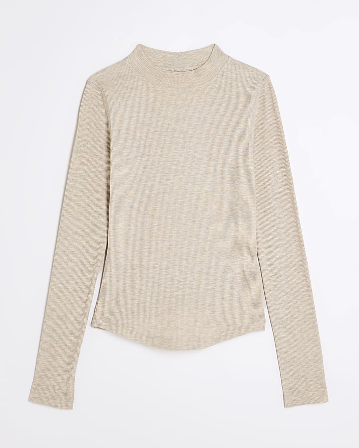 Beige Long Sleeve Ribbed Crew Neck Top
