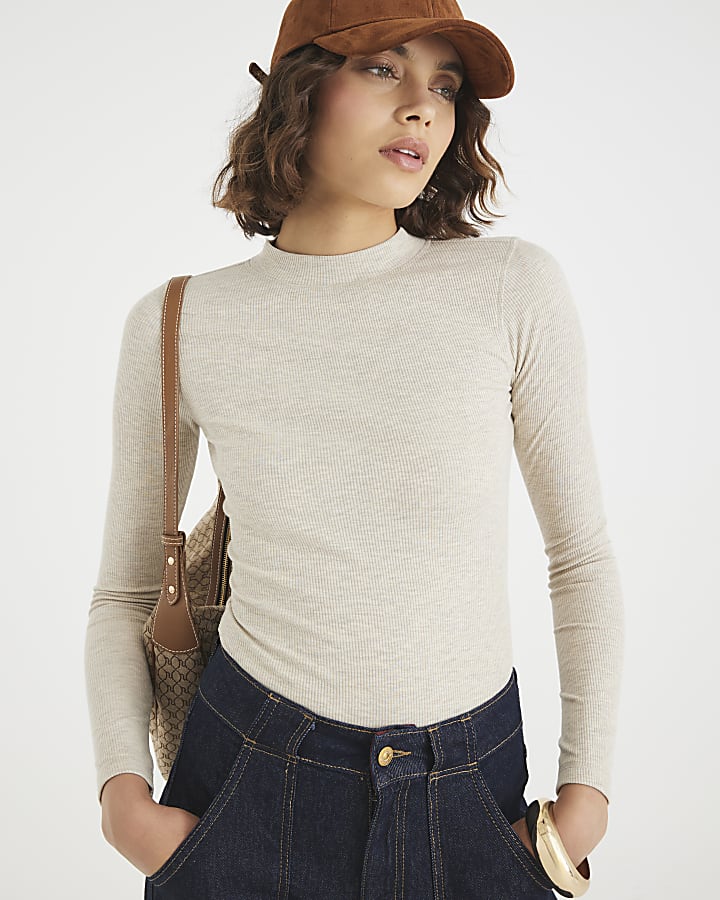 Beige Long Sleeve Ribbed Crew Neck Top
