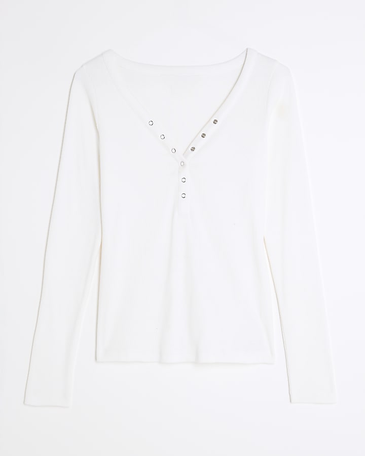 White Long Sleeve Popper V Neck Ribbed Top