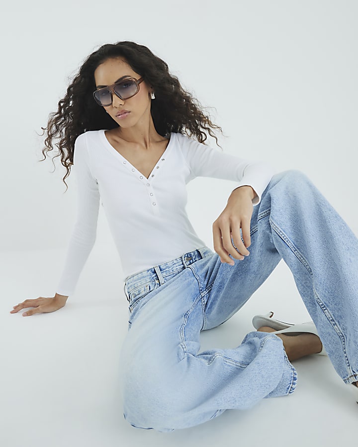 White Long Sleeve Popper V Neck Ribbed Top