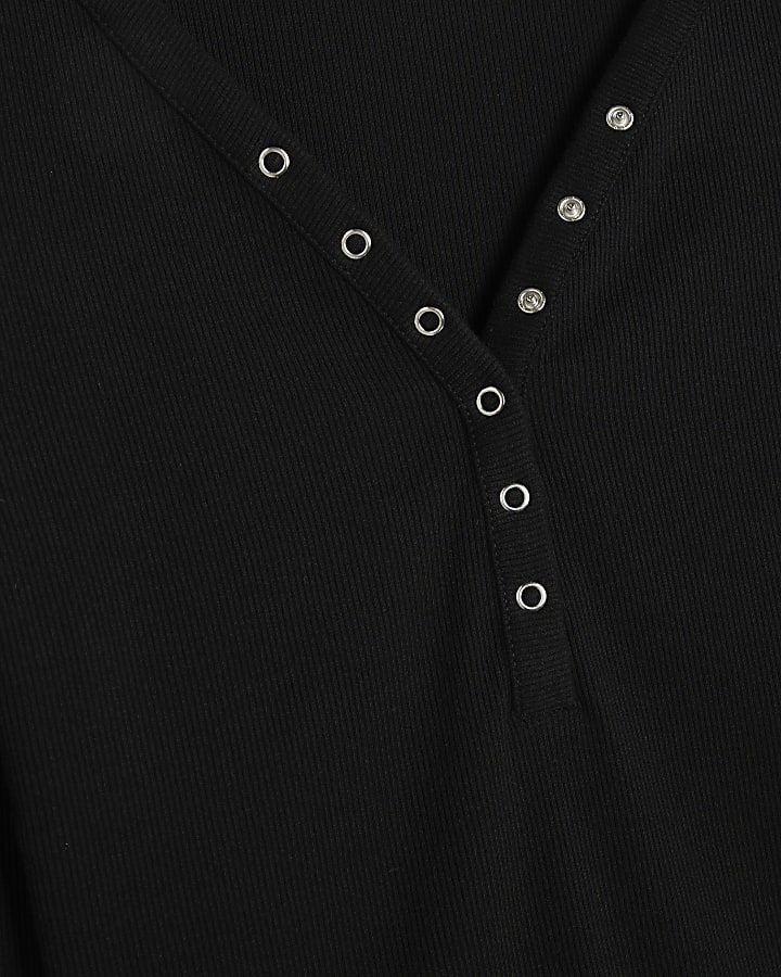 Black Long Sleeve Popper V Neck Ribbed Top