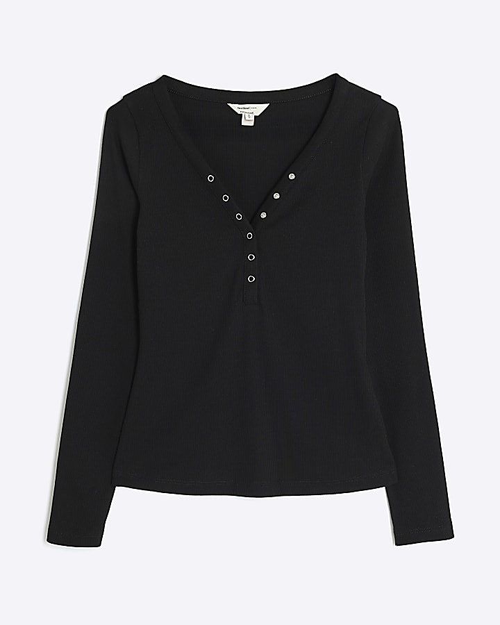 Black Long Sleeve Popper V Neck Ribbed Top