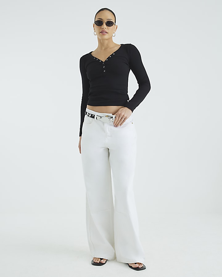 Black Long Sleeve Popper V Neck Ribbed Top