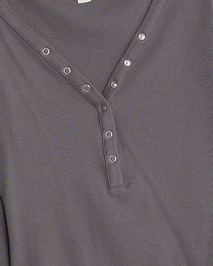 Grey Long Sleeve Popper V Neck Ribbed Top
