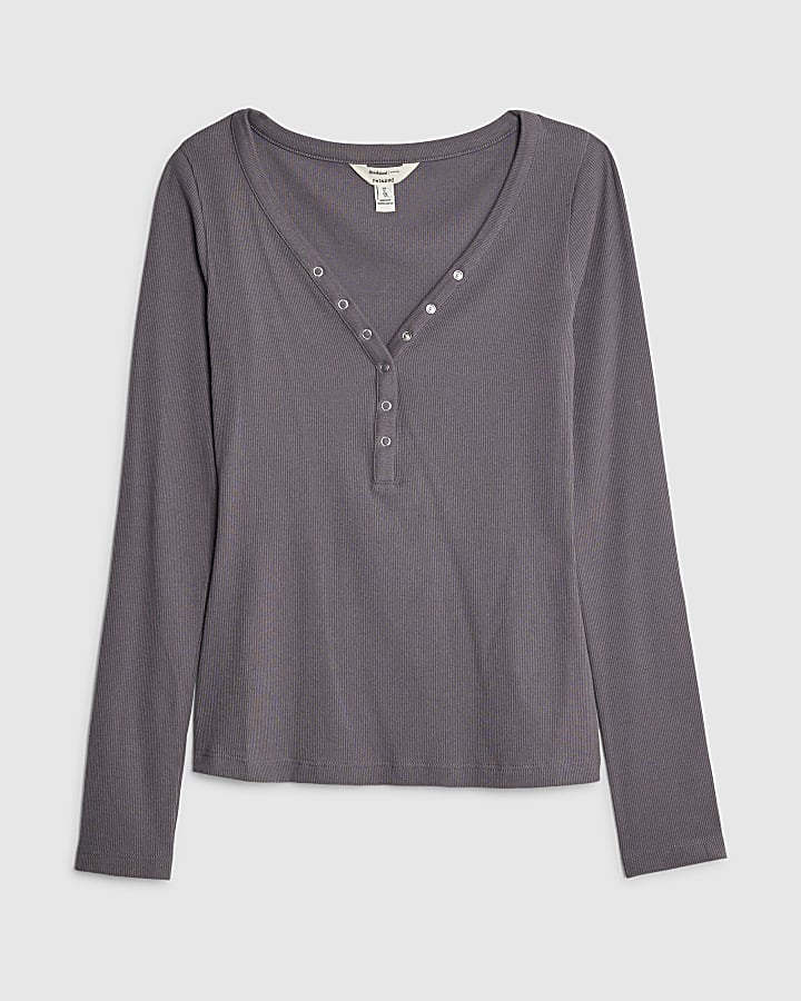 Grey Long Sleeve Popper V Neck Ribbed Top