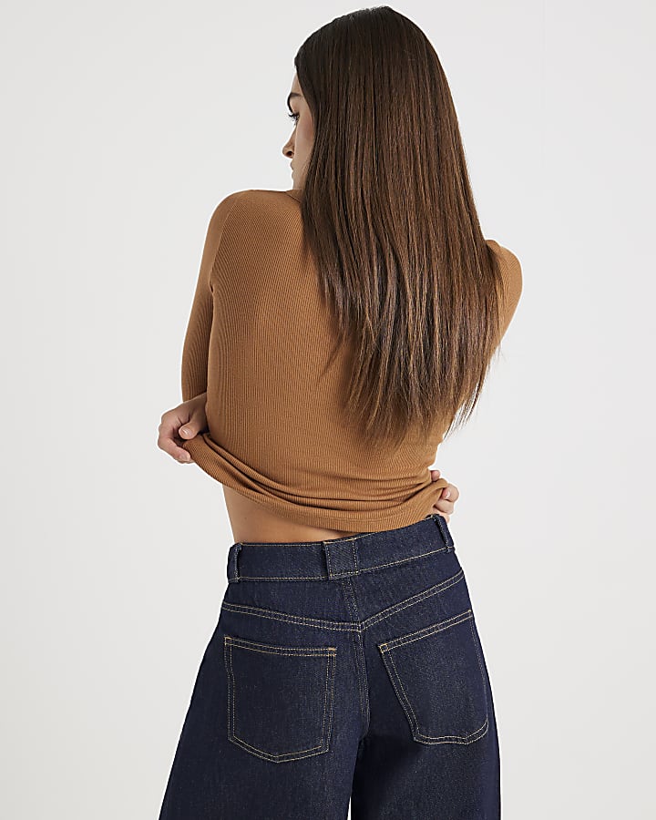 Beige Long Sleeve Popper V Neck Ribbed Top