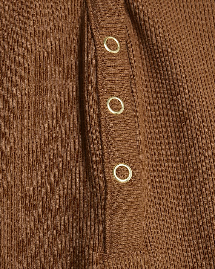 Beige Long Sleeve Popper V Neck Ribbed Top