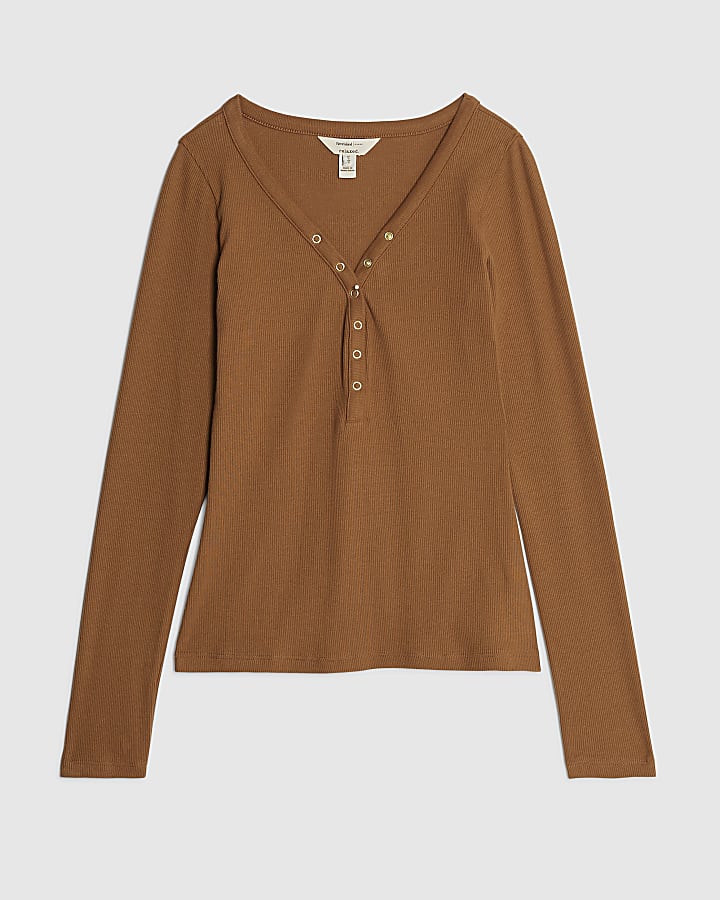 Beige Long Sleeve Popper V Neck Ribbed Top