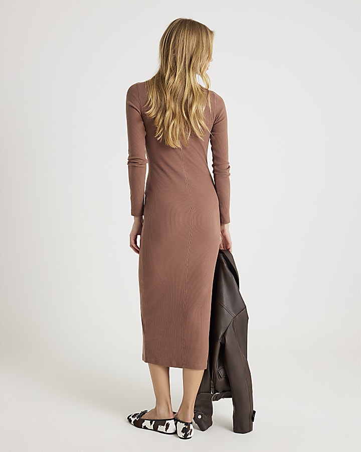 Beige Long Sleeve Ribbed Midi Dress