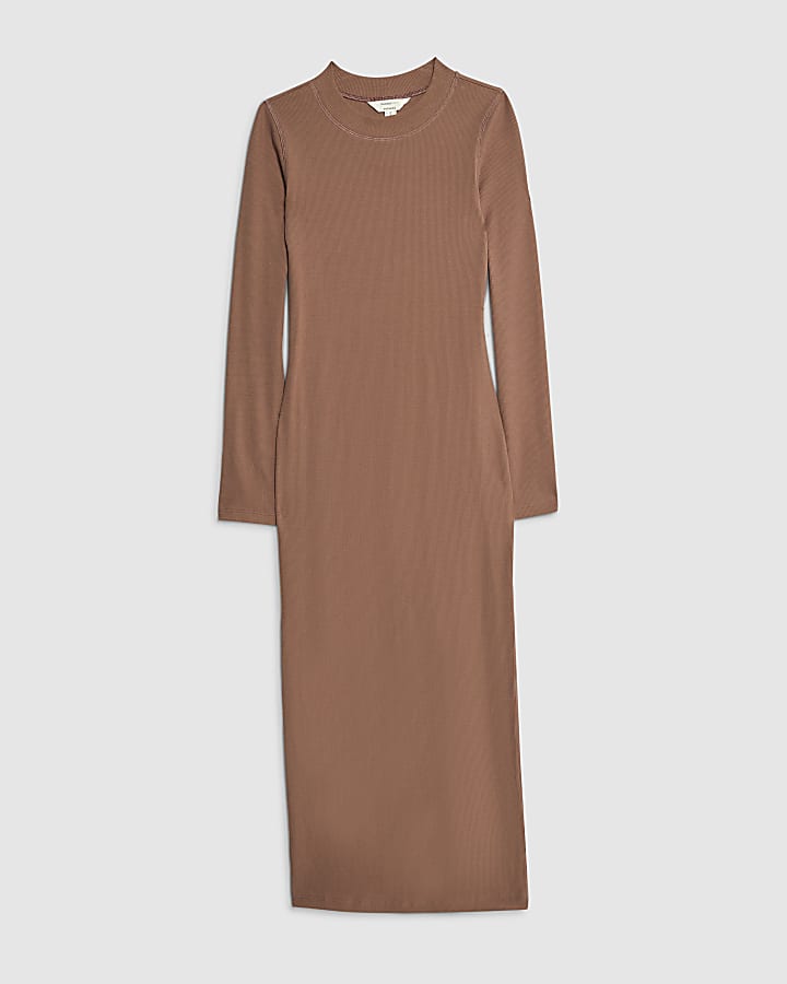 Beige Long Sleeve Ribbed Midi Dress