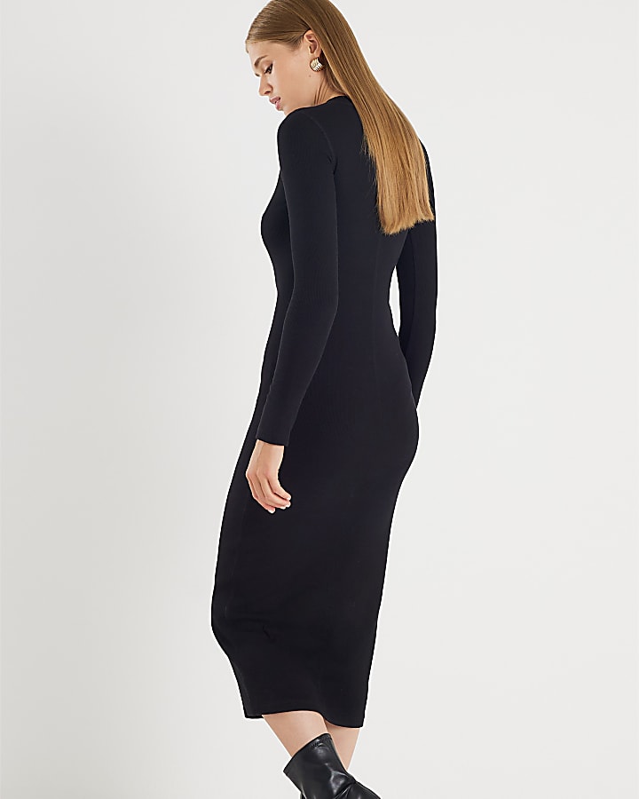 Black Long Sleeve Ribbed Midi Dress