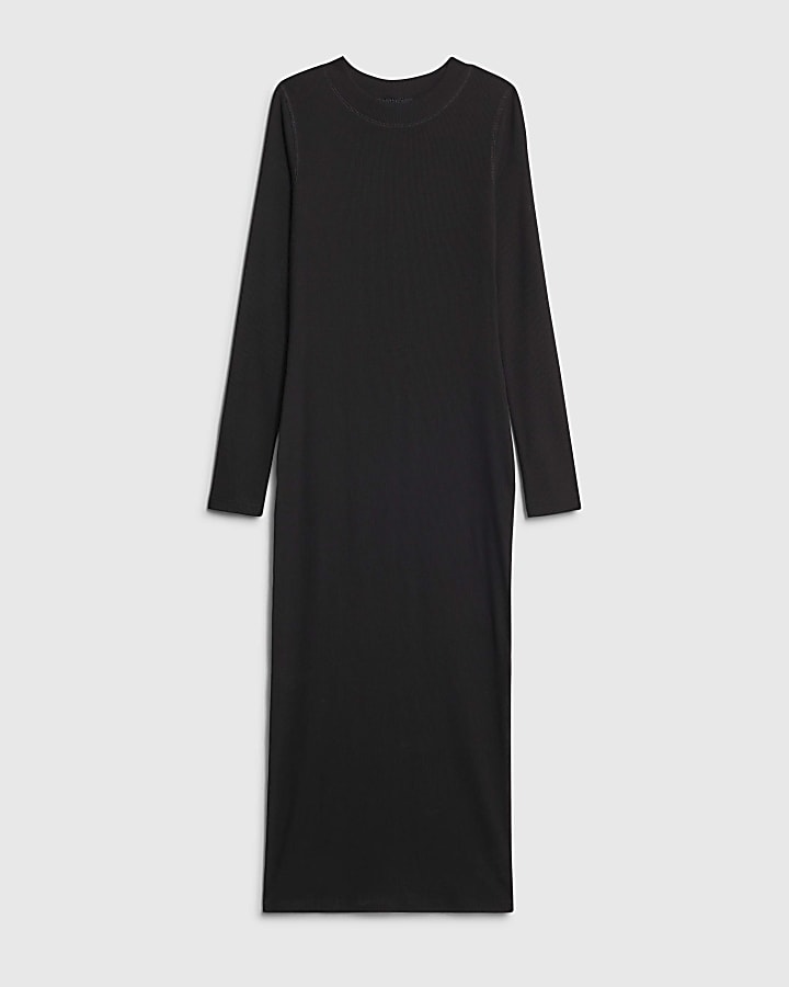 Black Long Sleeve Ribbed Midi Dress