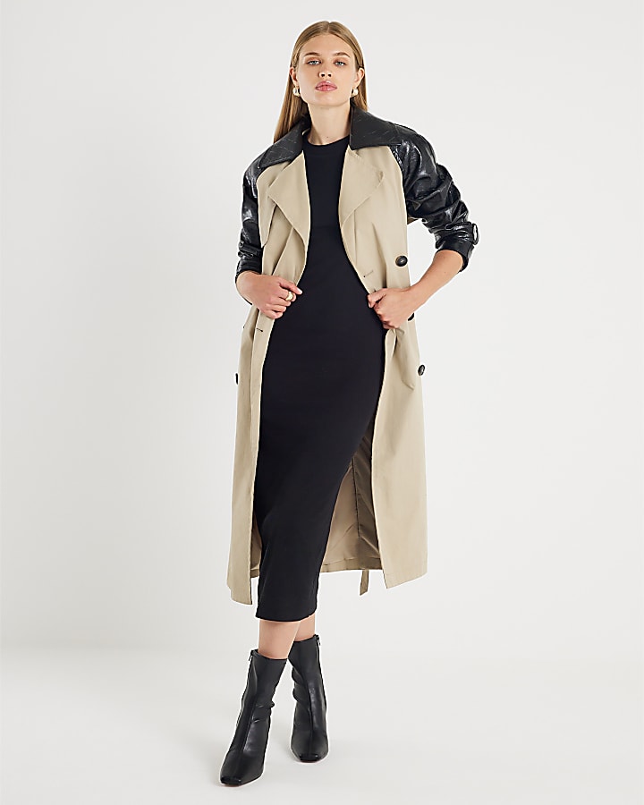 Black Long Sleeve Ribbed Midi Dress