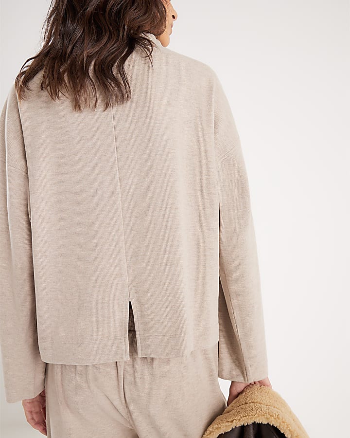 Beige Long Sleeve Brushed High Neck Top