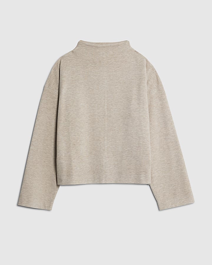 Beige Long Sleeve Brushed High Neck Top