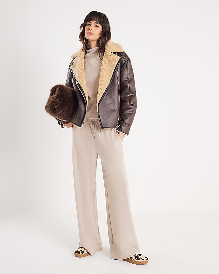 Beige Long Sleeve Brushed High Neck Top