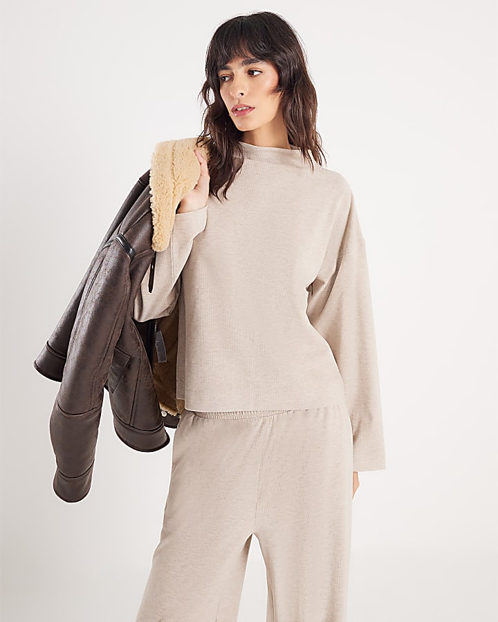 Beige Long Sleeve Brushed High Neck Top