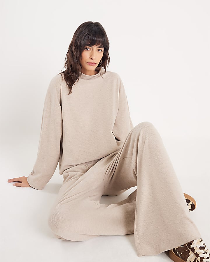 Beige Long Sleeve Brushed High Neck Top