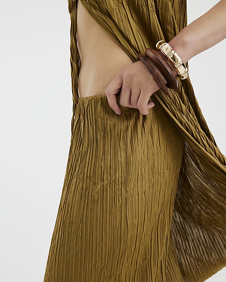 Khaki Plisse Wide Leg Trousers