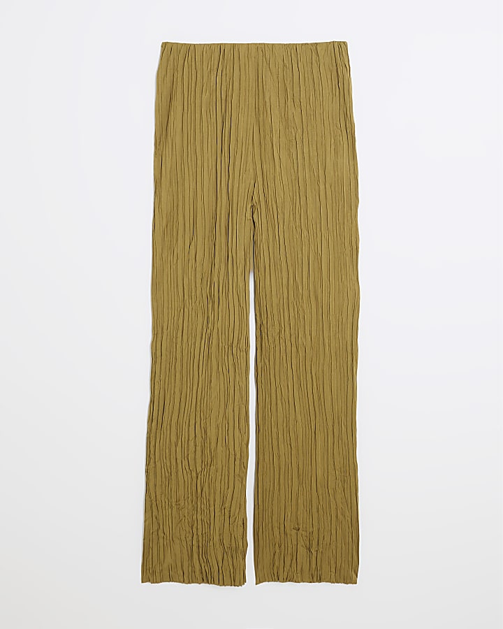 Khaki Plisse Wide Leg Trousers