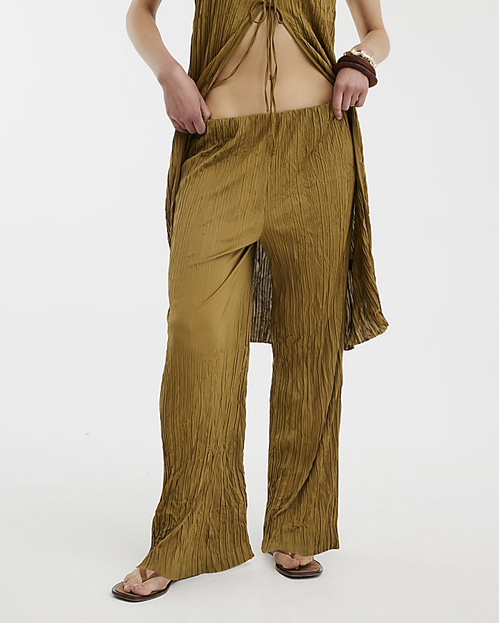 Khaki Plisse Wide Leg Trousers
