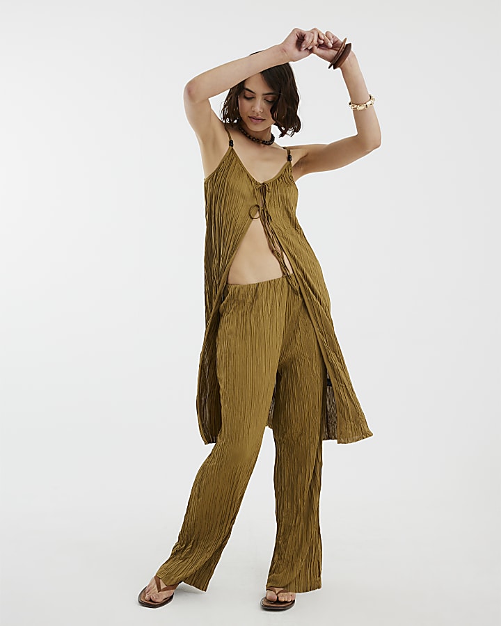 Khaki Plisse Wide Leg Trousers