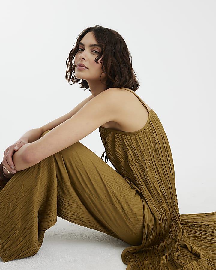Khaki Plisse Wide Leg Trousers