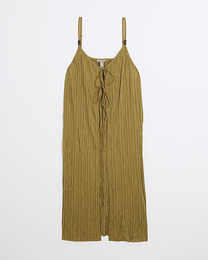 Khaki Plisse Longline Tie Front Cami Top