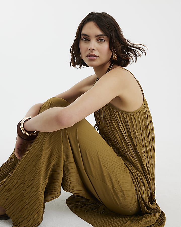 Khaki Plisse Longline Tie Front Cami Top