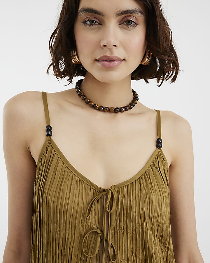 Khaki Plisse Longline Tie Front Cami Top