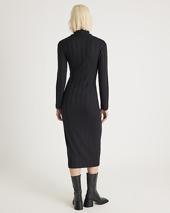 Black Cosy Wide Rib Midi Dress