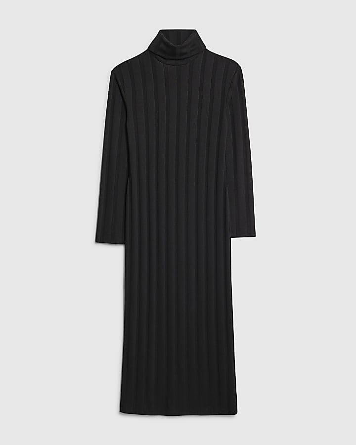 Black Cosy Wide Rib Midi Dress