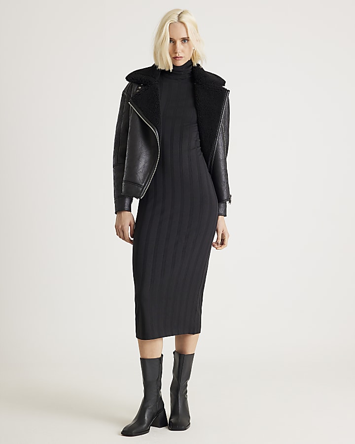 Black Cosy Wide Rib Midi Dress
