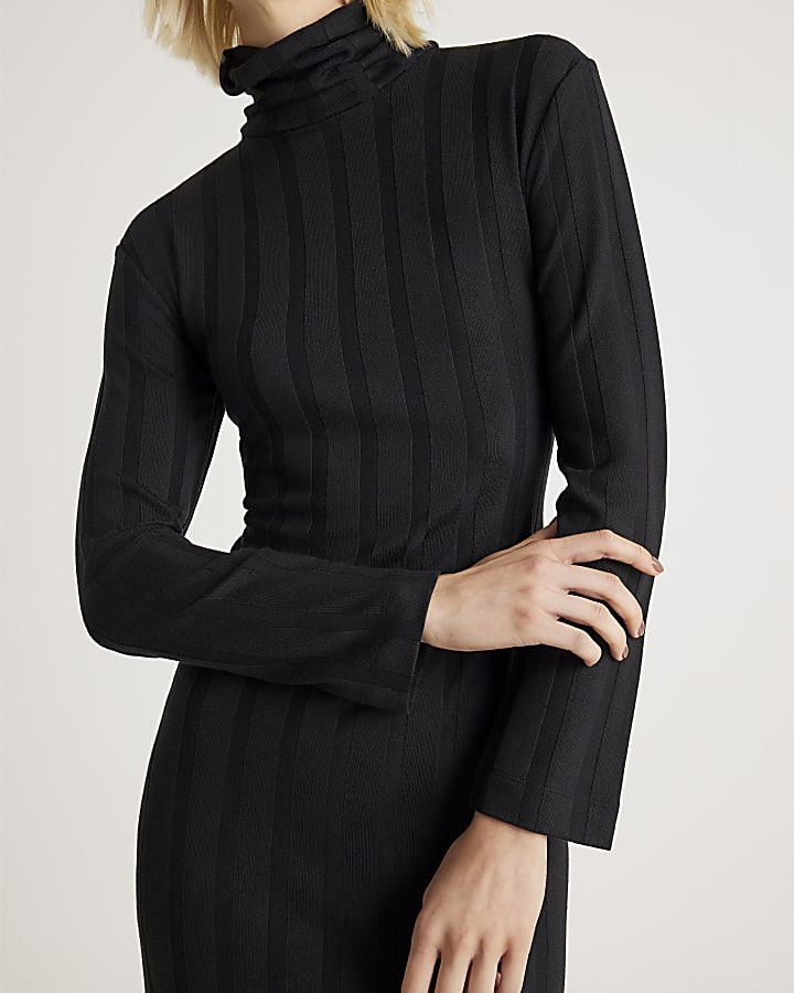 Black Cosy Wide Rib Midi Dress