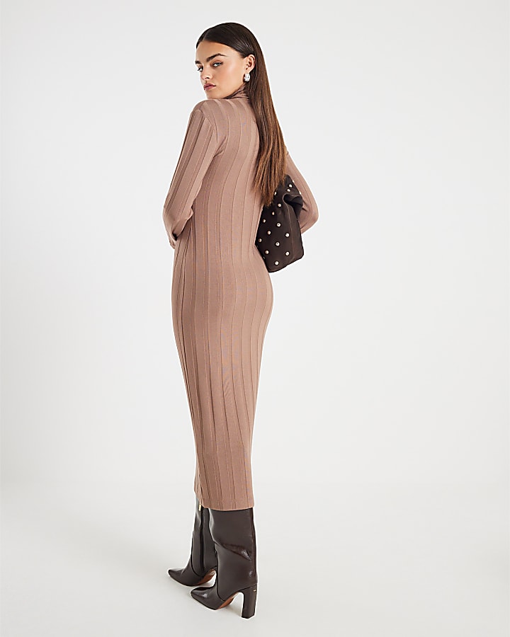 Beige Cosy Wide Rib Midi Dress