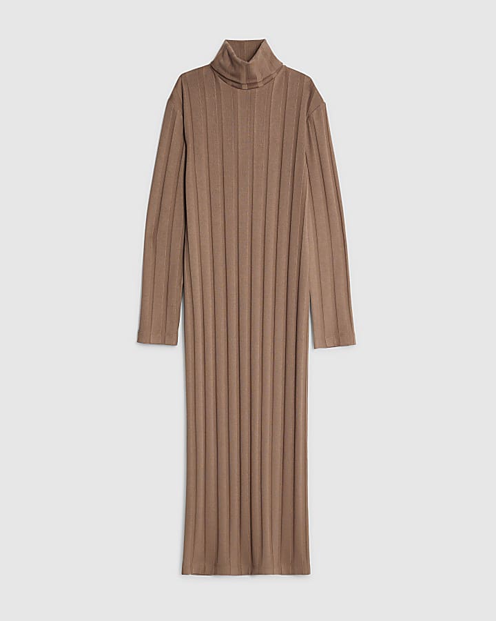 Beige Cosy Wide Rib Midi Dress