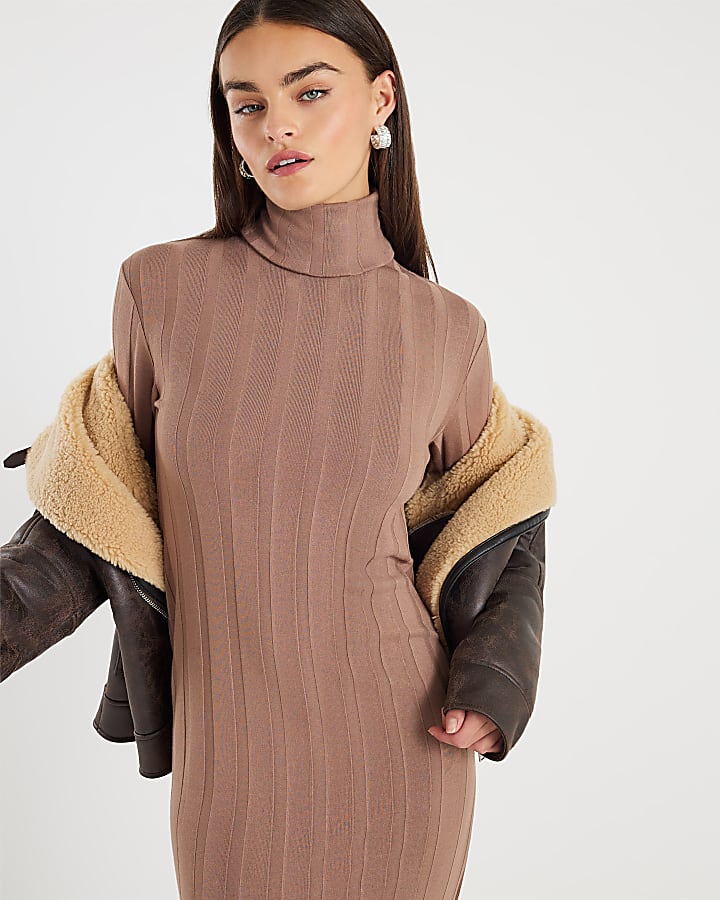 Beige Cosy Wide Rib Midi Dress
