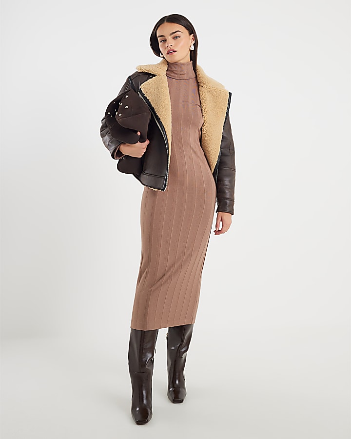Beige Cosy Wide Rib Midi Dress