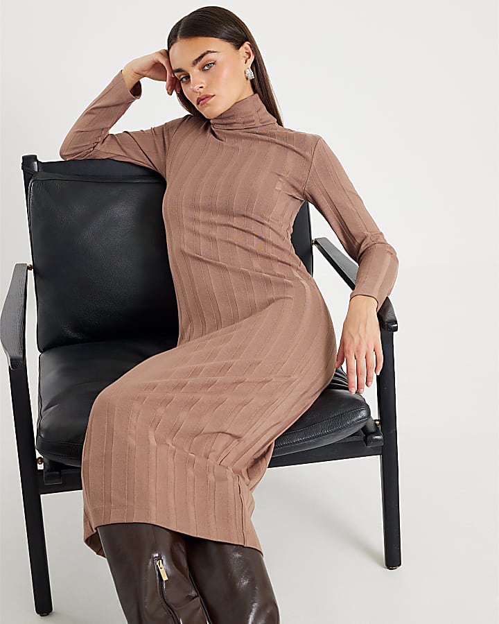 Beige Cosy Wide Rib Midi Dress