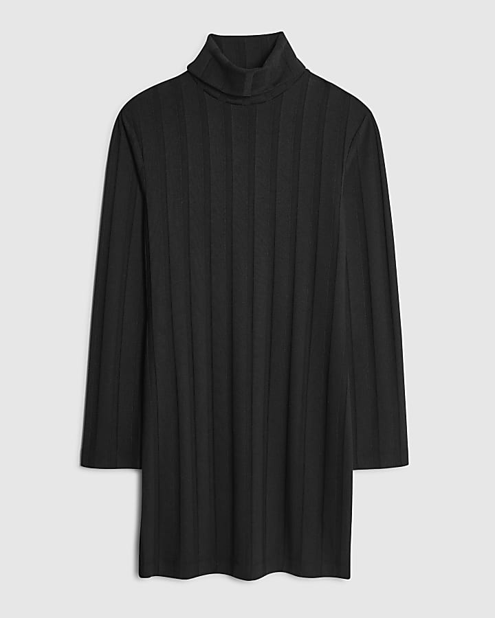 Black Long Sleeve Cosy Wide Ribbed Mini Dress