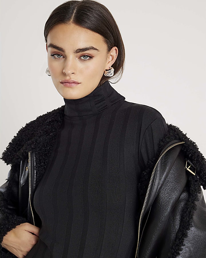 Black Long Sleeve Cosy Wide Ribbed Mini Dress