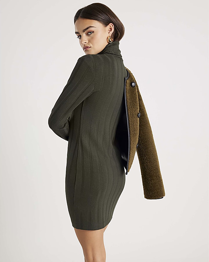 Green Long Sleeve Cosy Wide Ribbed Mini Dress
