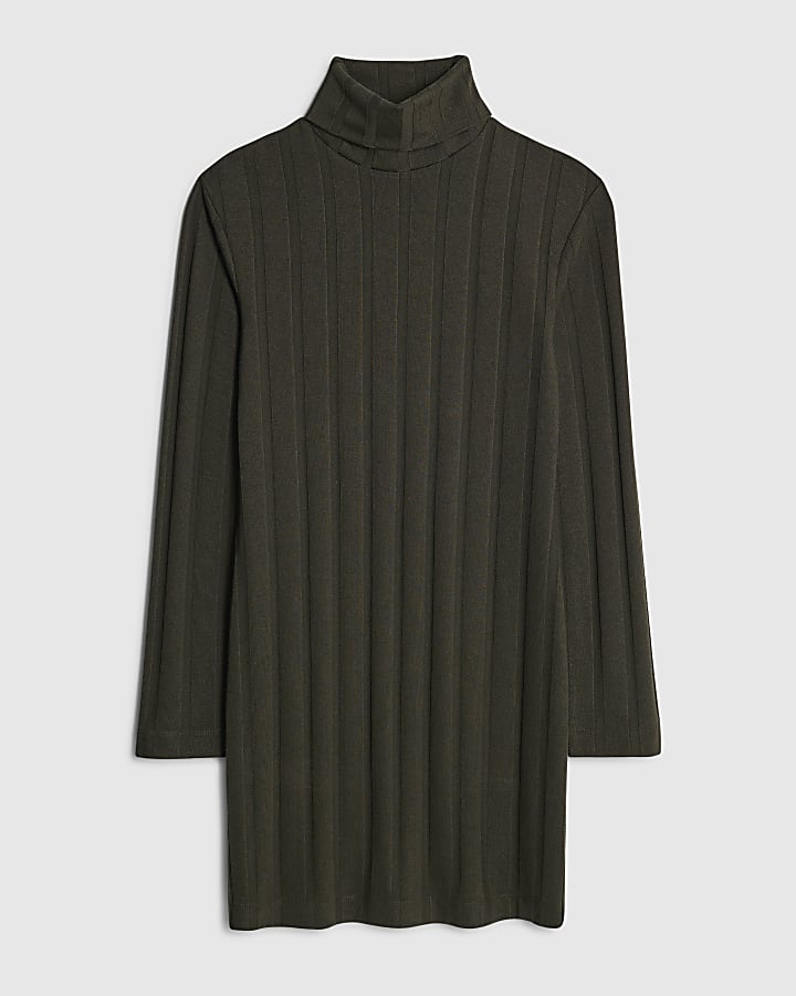 Green Long Sleeve Cosy Wide Ribbed Mini Dress