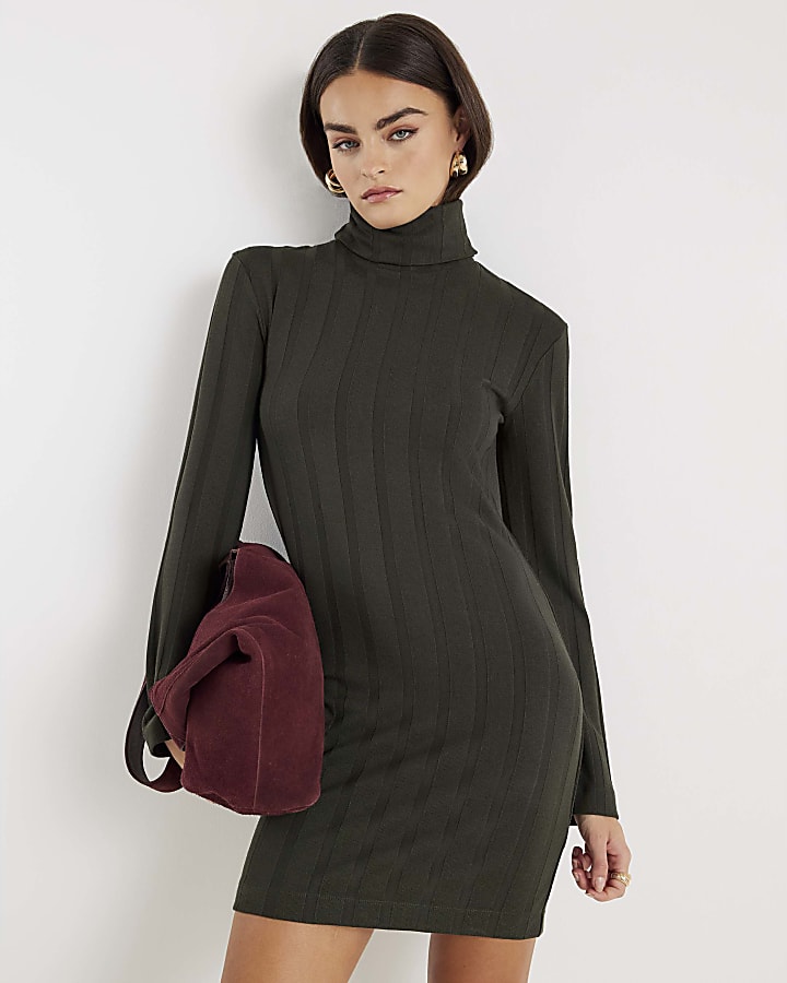 Green Long Sleeve Cosy Wide Ribbed Mini Dress