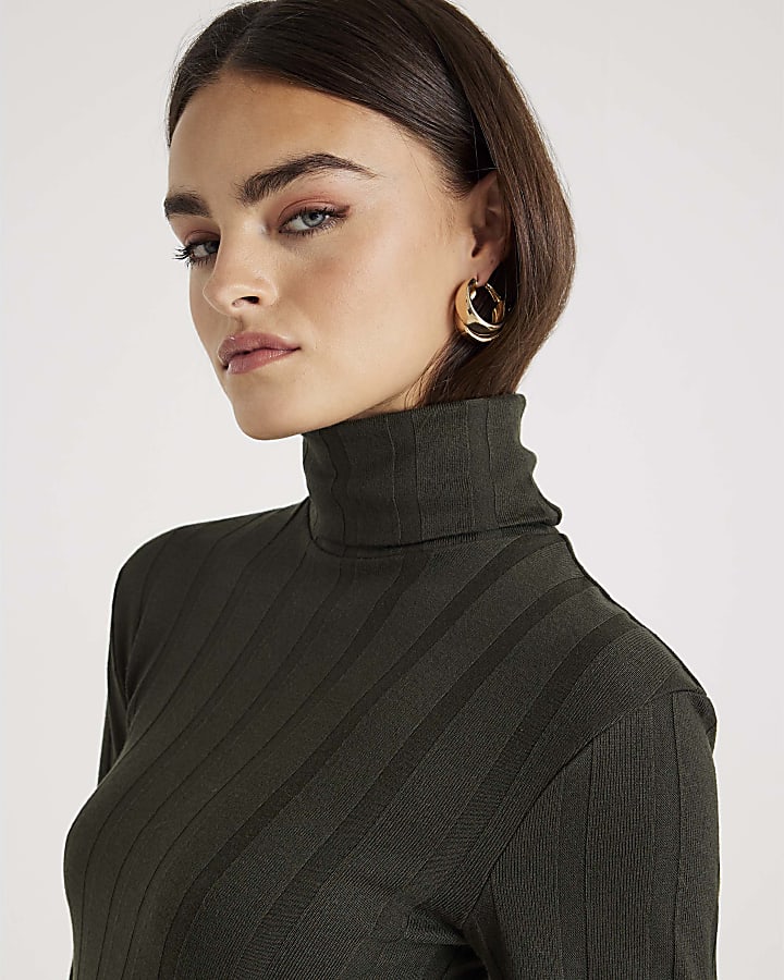 Green Long Sleeve Cosy Wide Ribbed Mini Dress