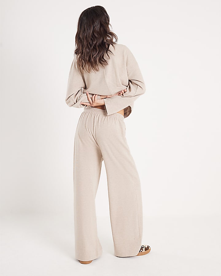 Beige Brushed Wide Leg Trousers