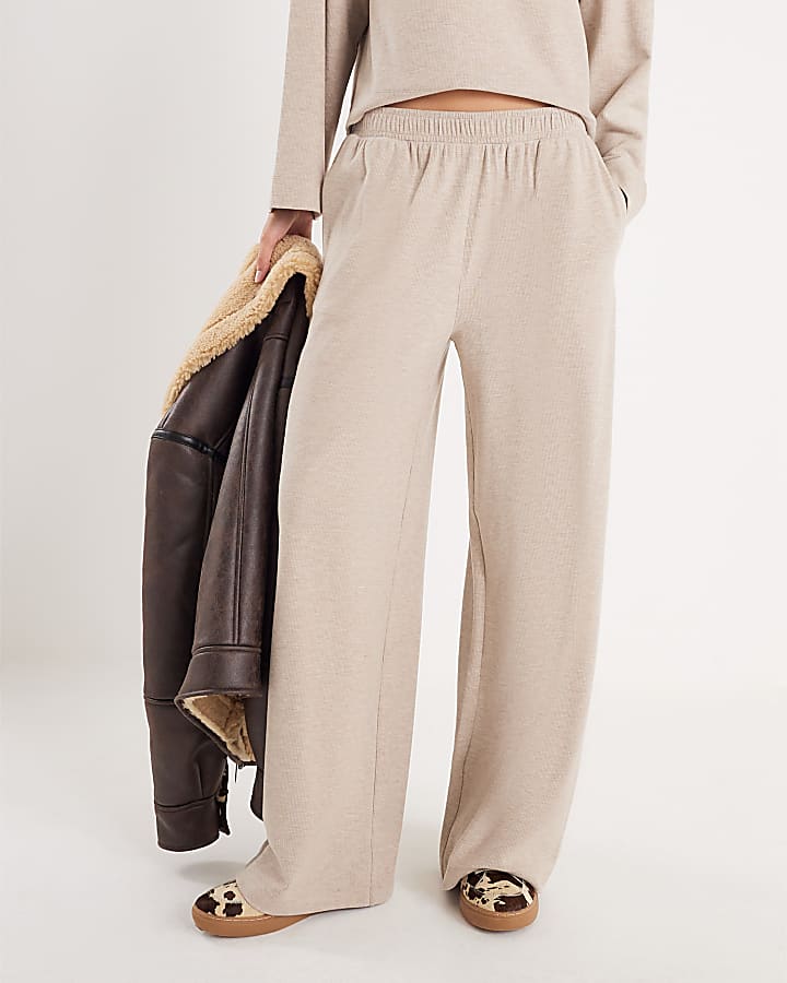 Beige Brushed Wide Leg Trousers